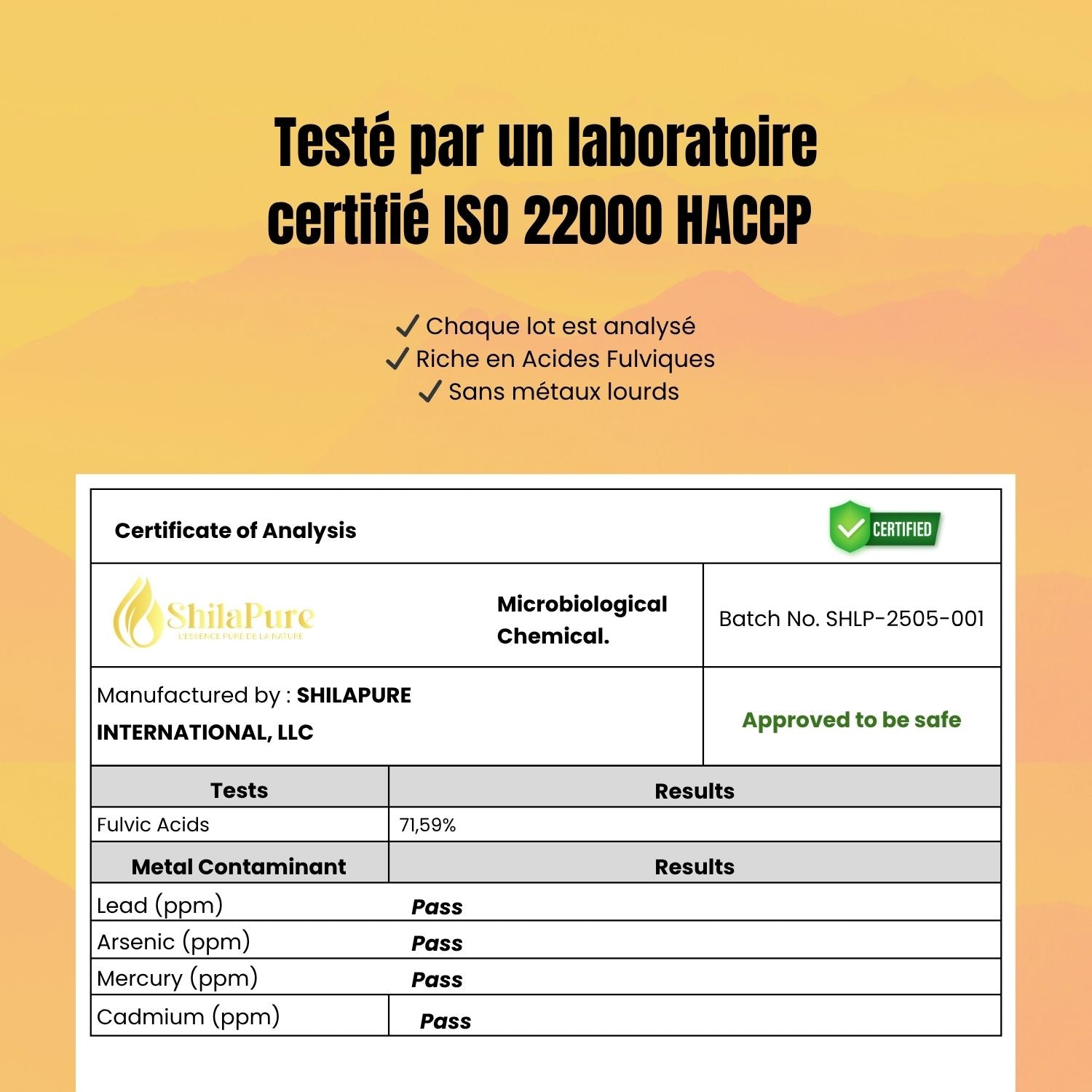 Résultats d’analyses scientifiques certifiant la pureté de Shilapure Shilajit.