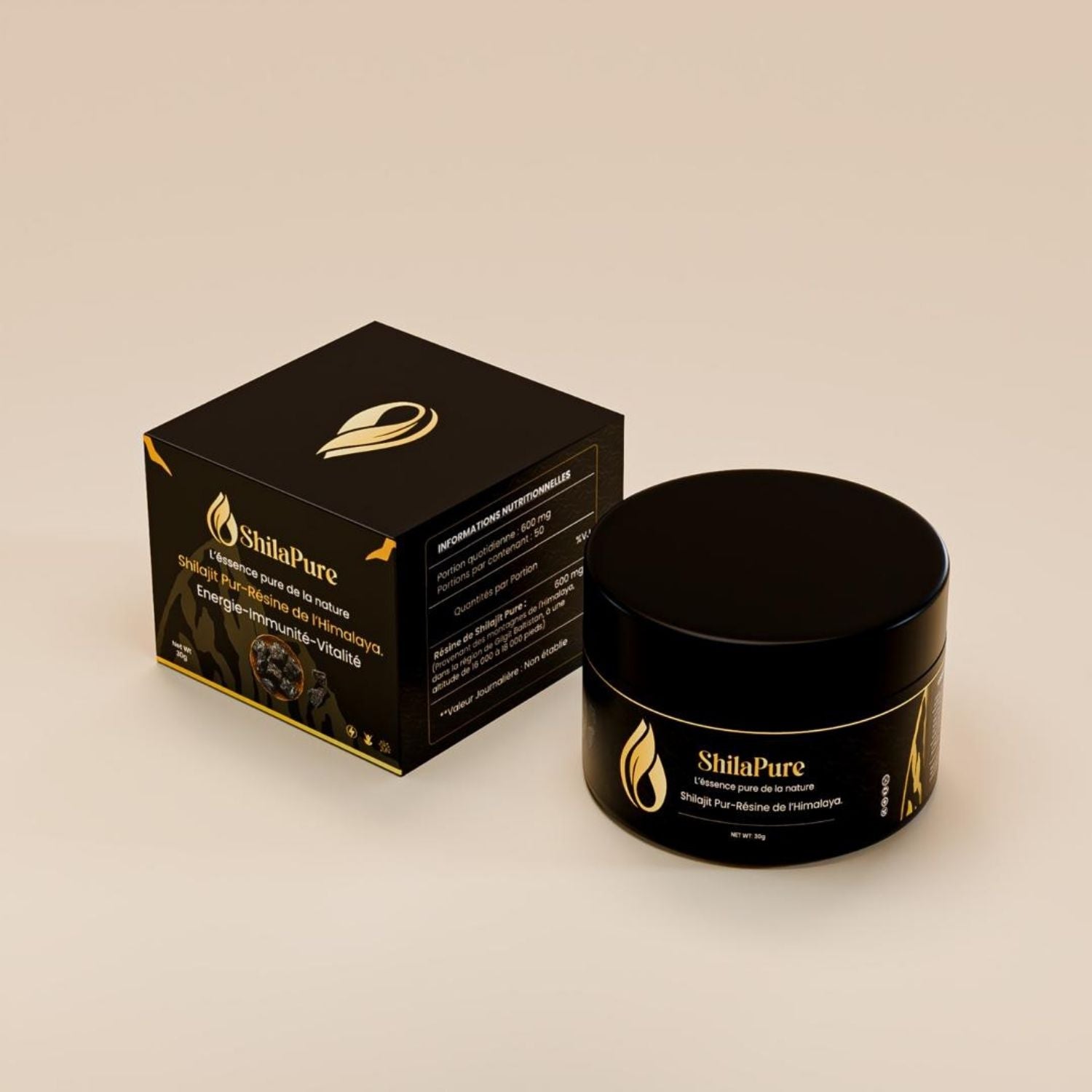 Deux pots de Shilapure Shilajit Gbon en studio avec packaging noir et doré à Libreville.
