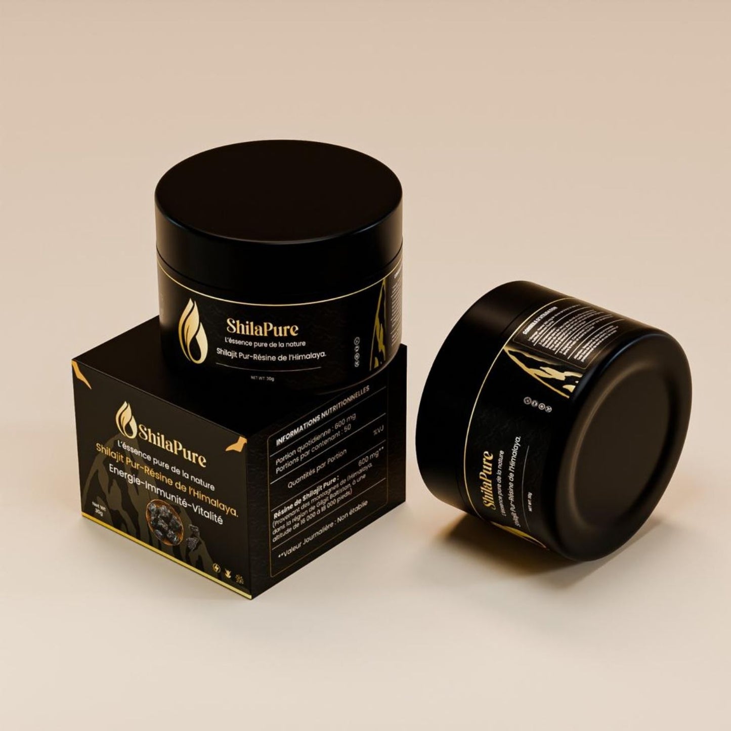 Deux pots de Shilapure Shilajit en studio avec packaging noir et doré.