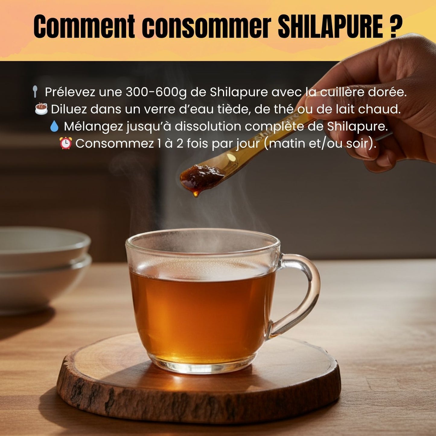 Image montrant comment consommer Shilapure Shilajit, cuillère et infusion chaude.