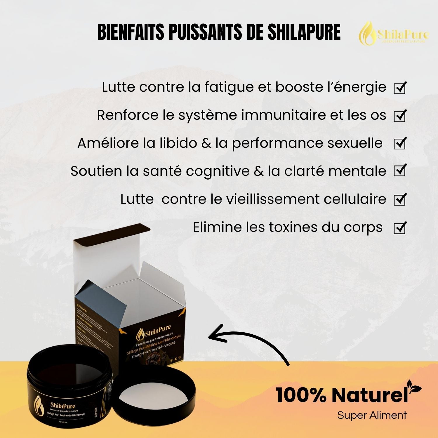 Liste des bienfaits du Shilapure Shilajit Gabon présentés avec icônes et texte.